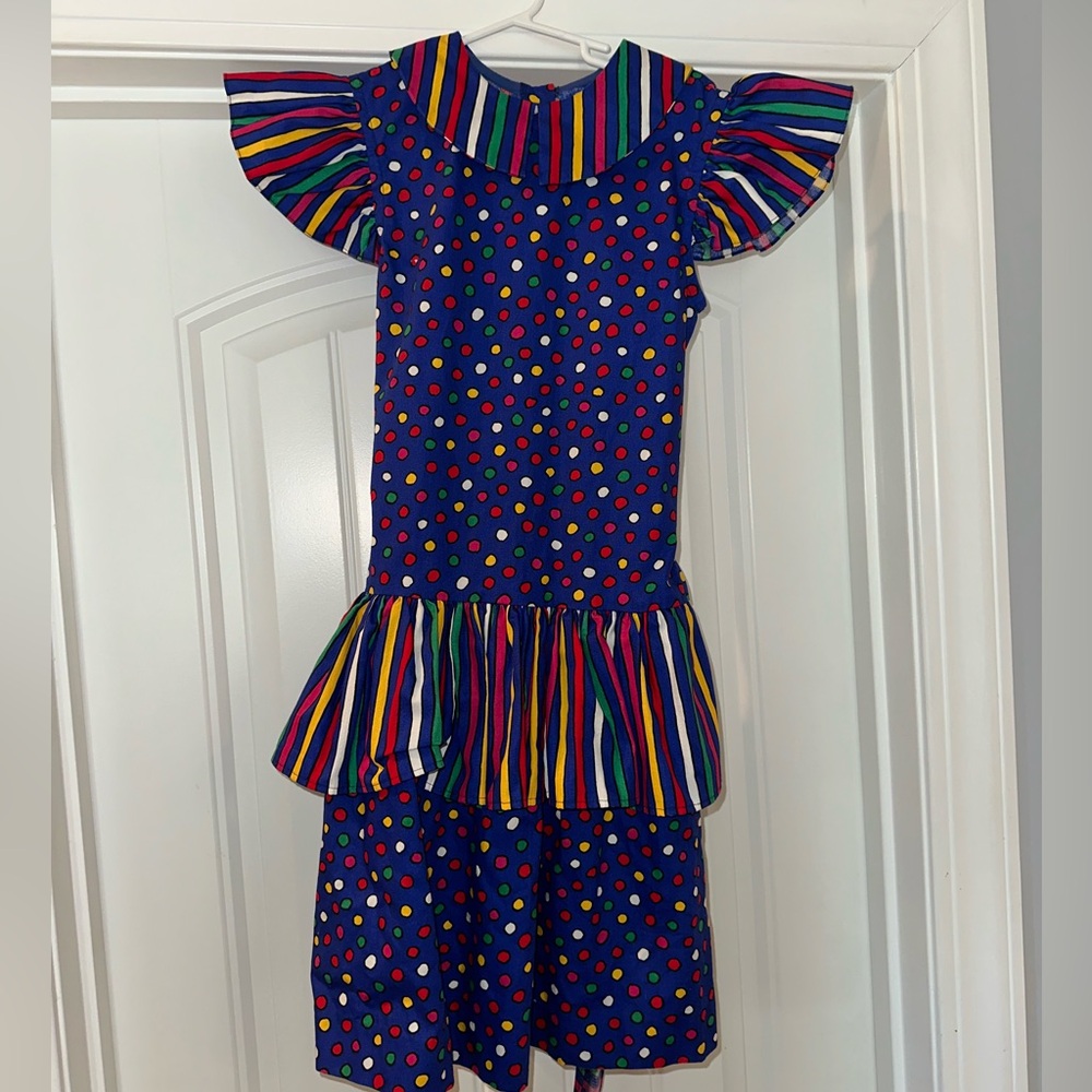 Vintage Julie Tennant Colorful Polka Dot and Stripe Girls  Dress